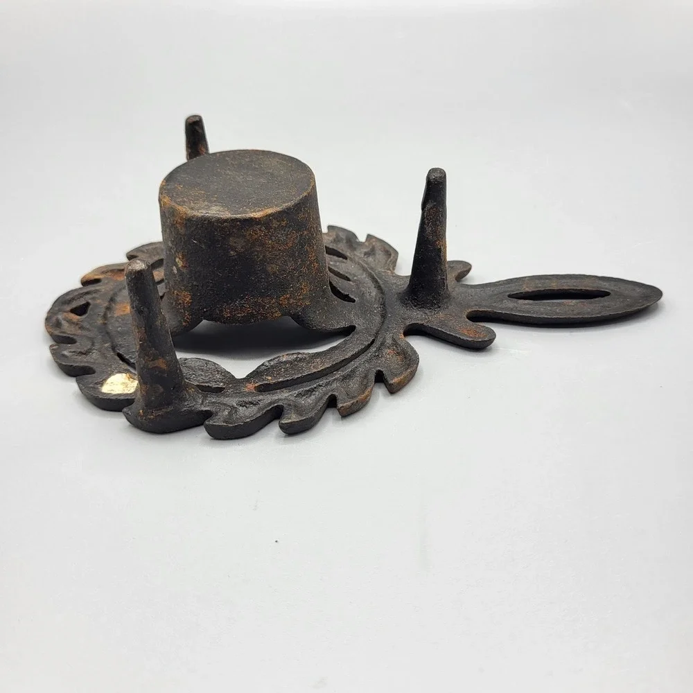 Vintage Cast Iron Trivet Footed Candle Holder Leaf Scroll Design Black Brown
